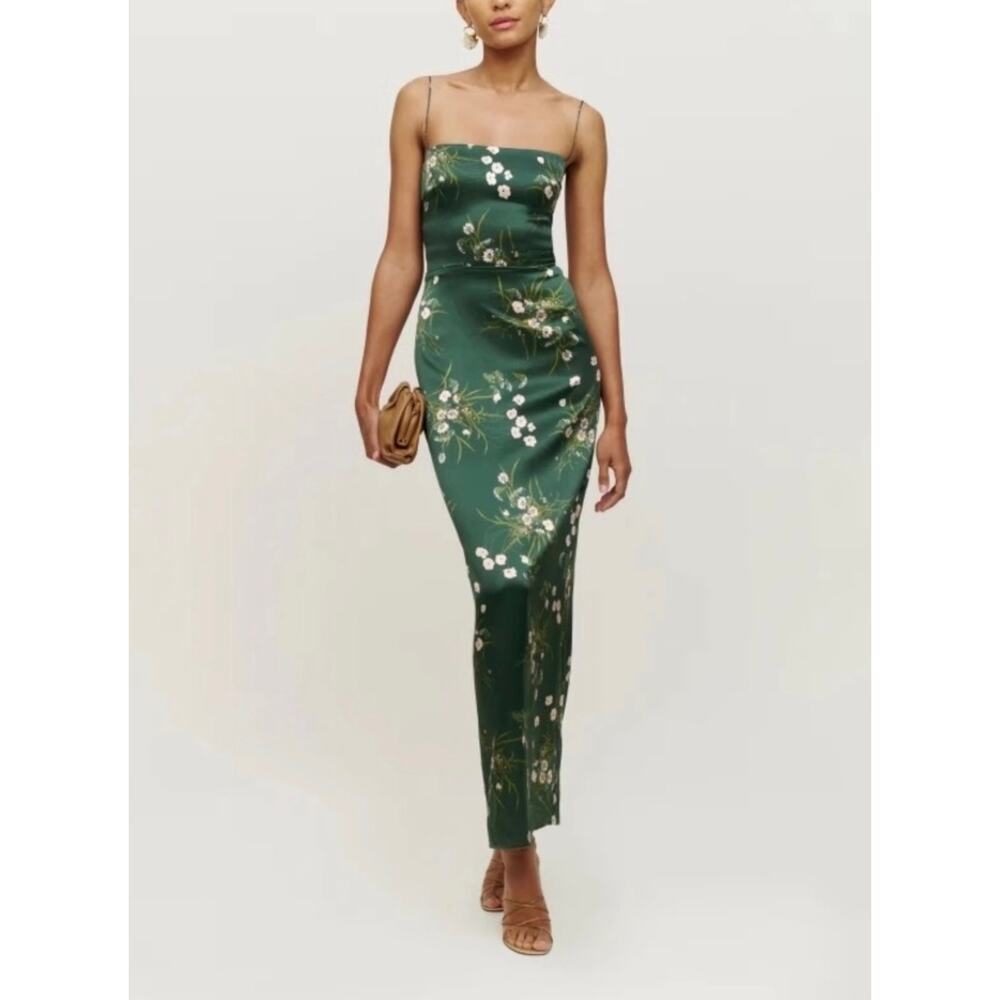 Reformation Frankie Silk Maxi Dress Buena Green Floral Size 2